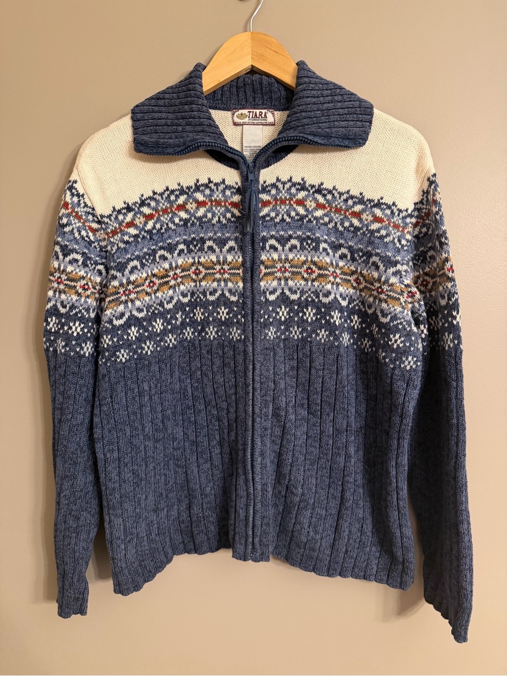 Vintage Fair Isle Zip Up Sweater Cottagecore Womens Med Blue Tiara International